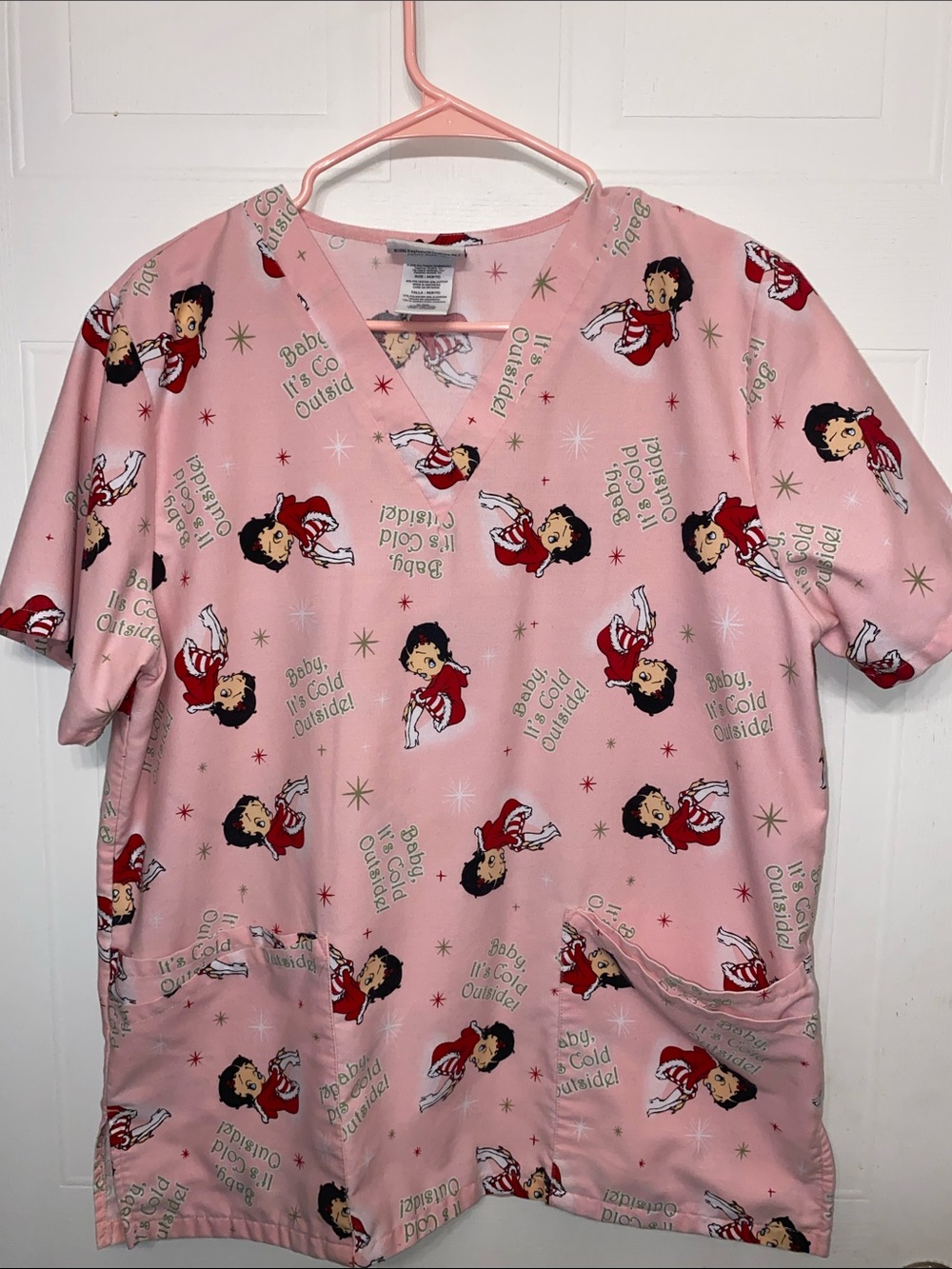 Betty Boop Pink Holiday V-Neck Scrub Top